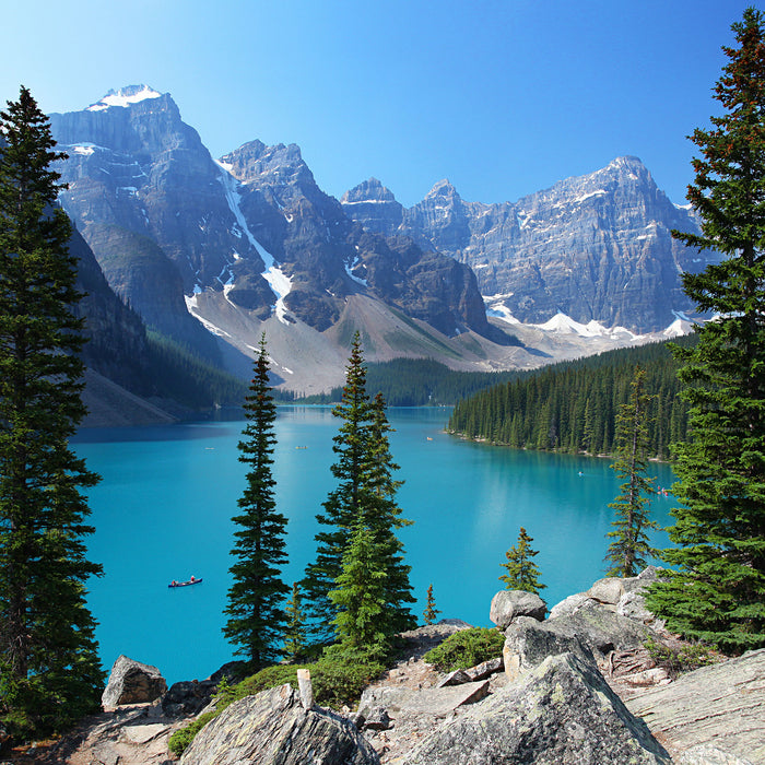 Moraine Lake kanadische Berge, Glasbild Quadratisch