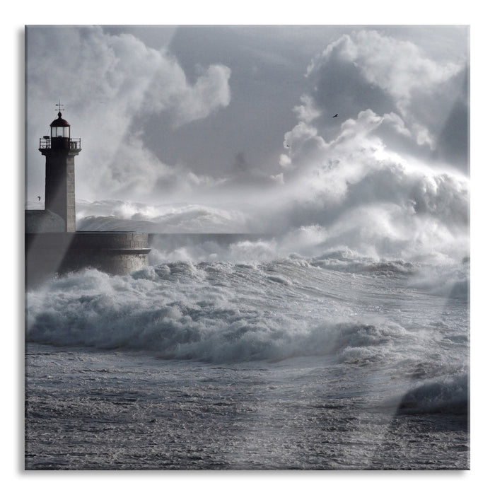 Pixxprint Sturmwellen Leuchtturm Portugal, Glasbild Quadratisch