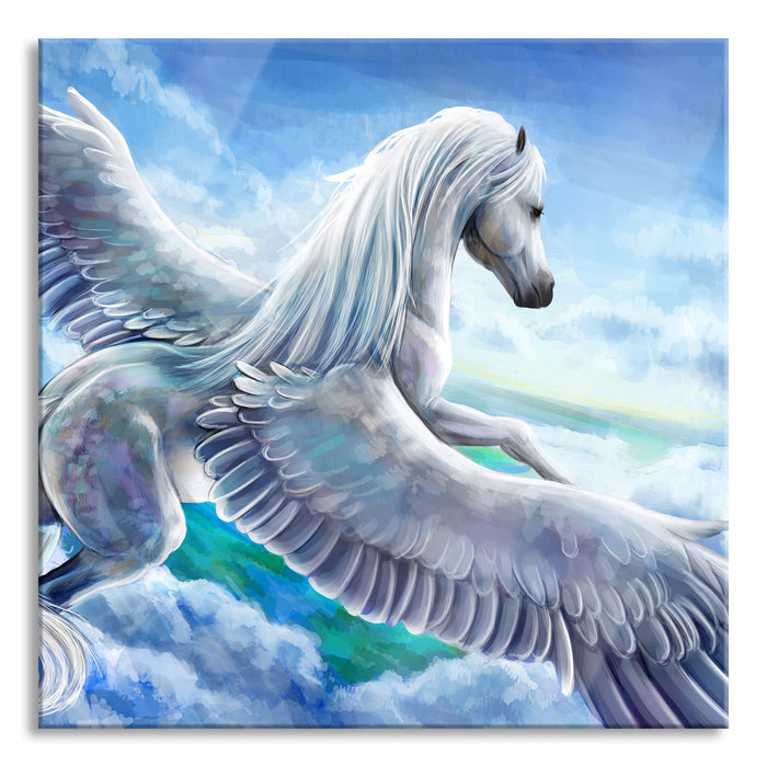 Pixxprint Pegasus fliegt über den Wolken, Glasbild Quadratisch