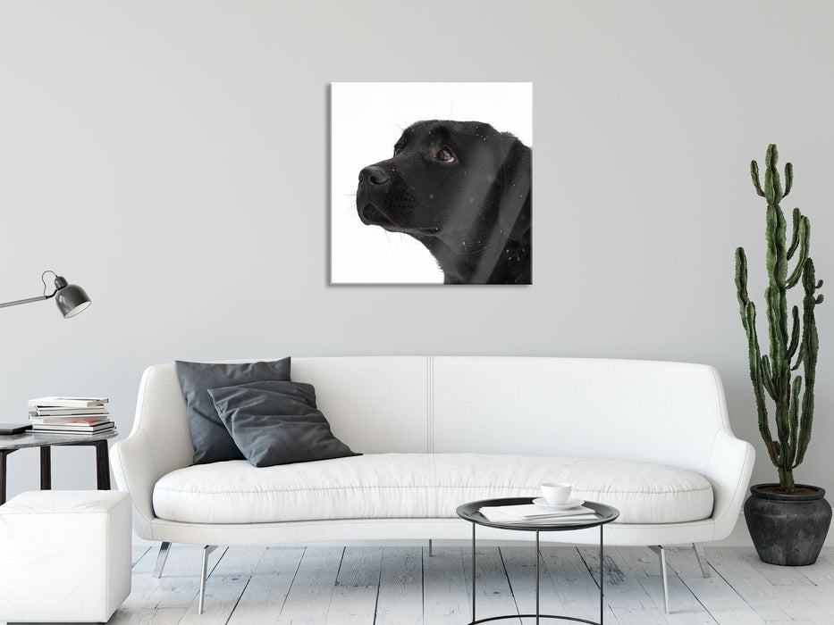 Schwarzer Labrador im Schnee, Glasbild Quadratisch