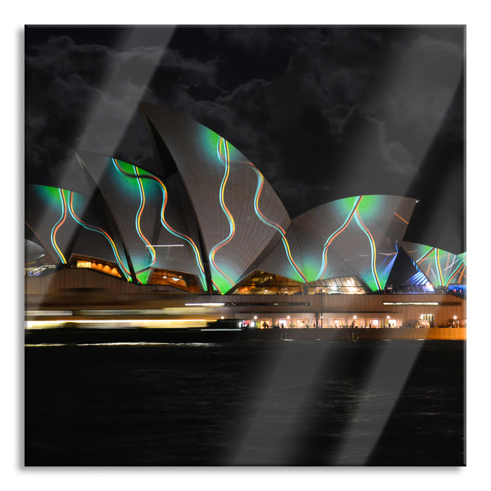 Pixxprint Sydney Opera House Beleuchtung, Glasbild Quadratisch