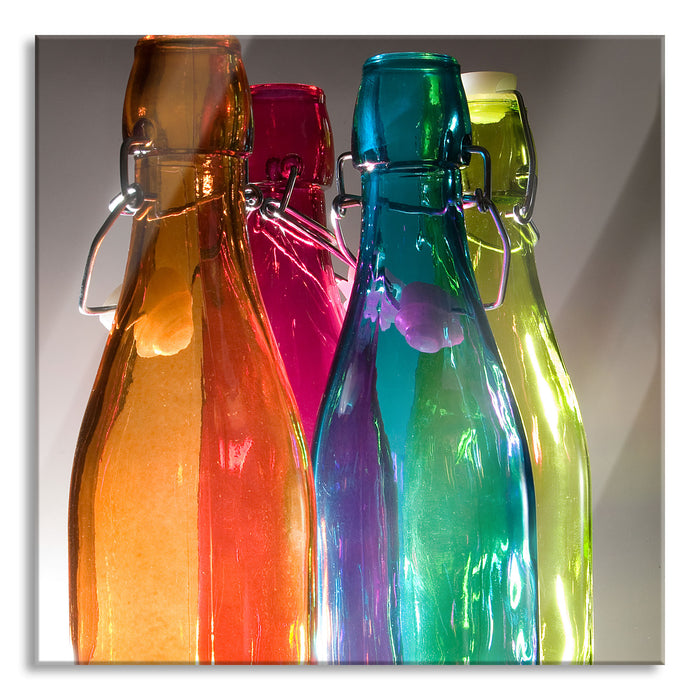 Pixxprint bunte Glasflaschen, Glasbild Quadratisch
