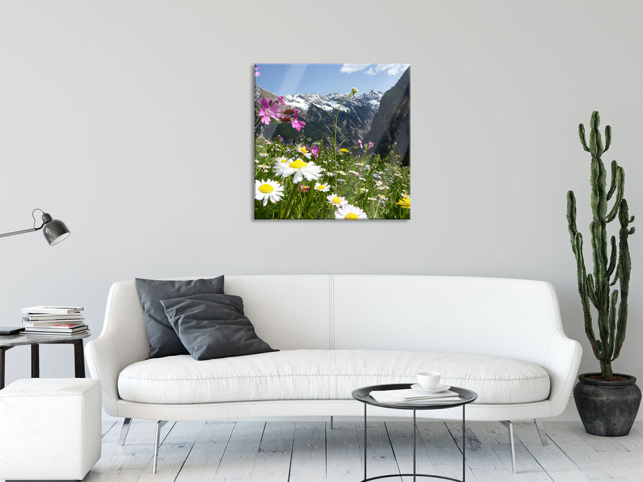 Wunderschöne Blumen Alpenwiese, Glasbild Quadratisch