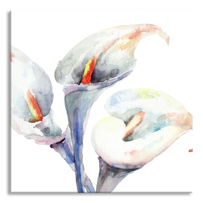 Aquarell Blüten Callas Kunst, Glasbild Quadratisch