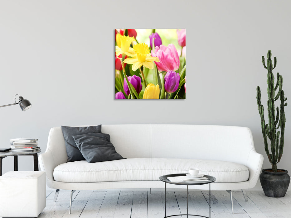 Osterglocken und Tulpen, Glasbild Quadratisch