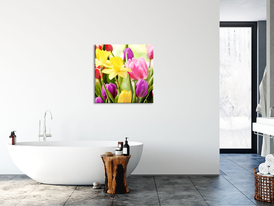 Osterglocken und Tulpen, Glasbild Quadratisch