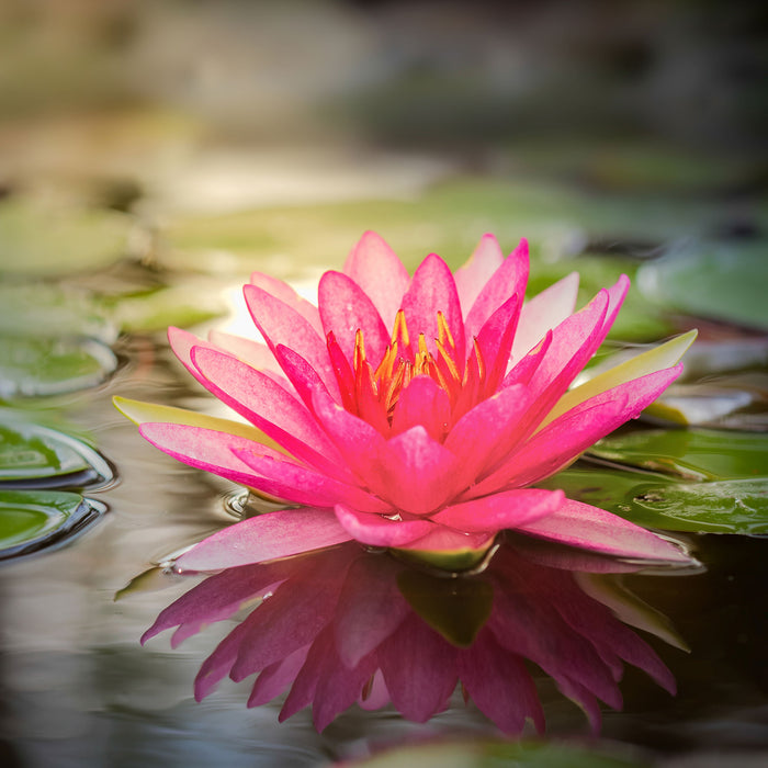 Anmutige Seerose mit Blättern, Glasbild Quadratisch