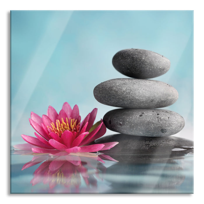 Pixxprint Seerosenblüte mit Zen Steinen, Glasbild Quadratisch