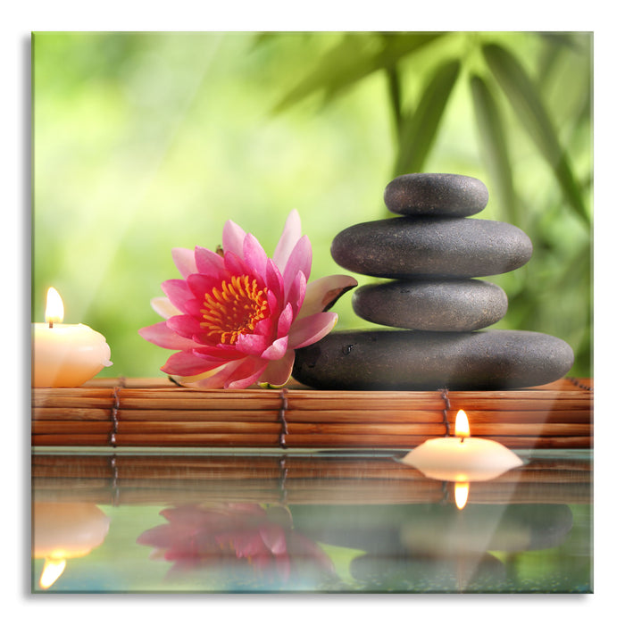 Pixxprint Seerose mit Zen Steinen im Tempel, Glasbild Quadratisch