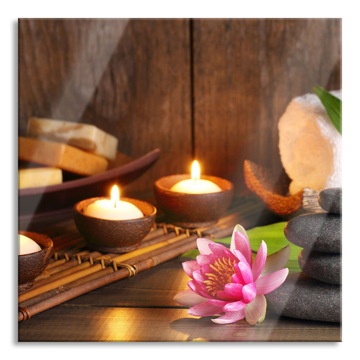 Pixxprint Kerzen mit Zen Steinen und Seerose, Glasbild Quadratisch