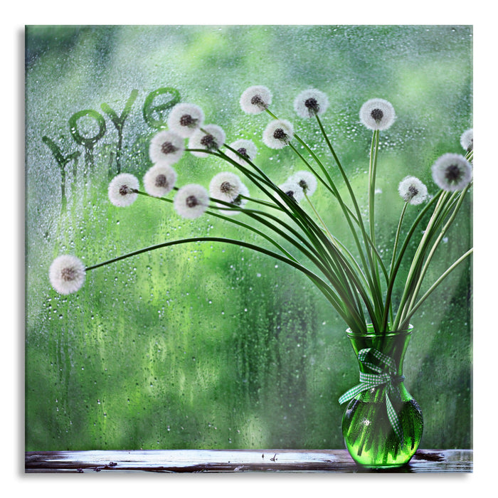 Pusteblumen am Fenster, Glasbild Quadratisch