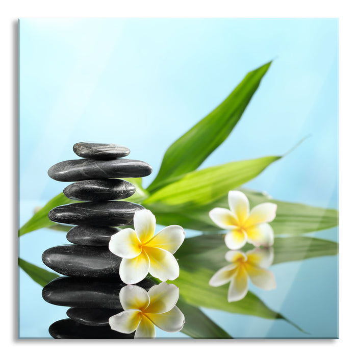 Zen Steinturm Monoi Blüten, Glasbild Quadratisch