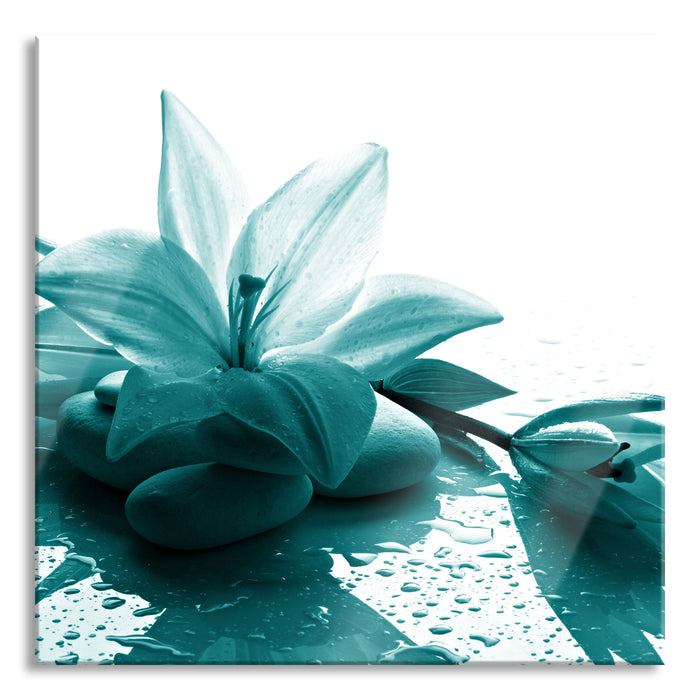 Pixxprint Düstere Lilie mit Zen Steinen, Glasbild Quadratisch