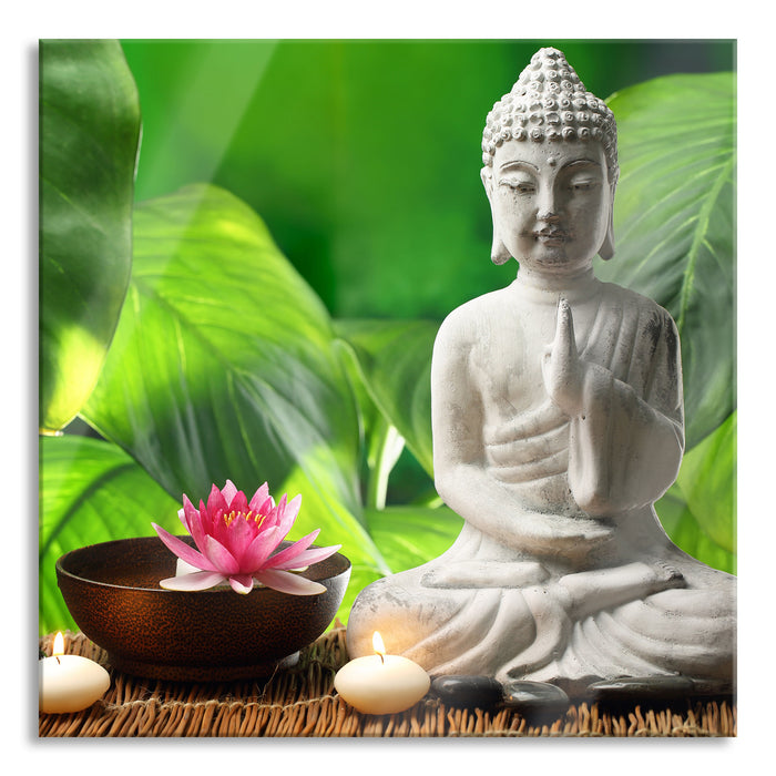 Pixxprint Seerose Buddha Statue, Glasbild Quadratisch