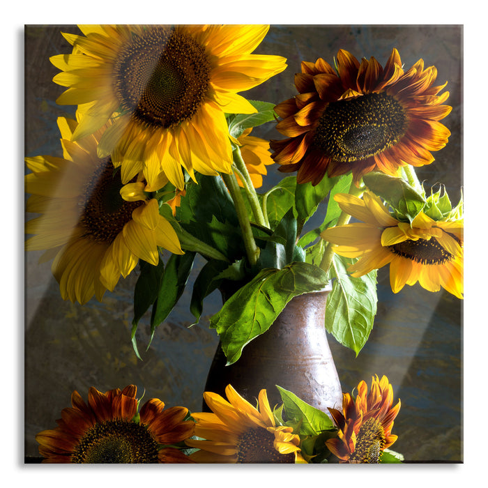 Pixxprint Sonnenblumen in edler Vase, Glasbild Quadratisch