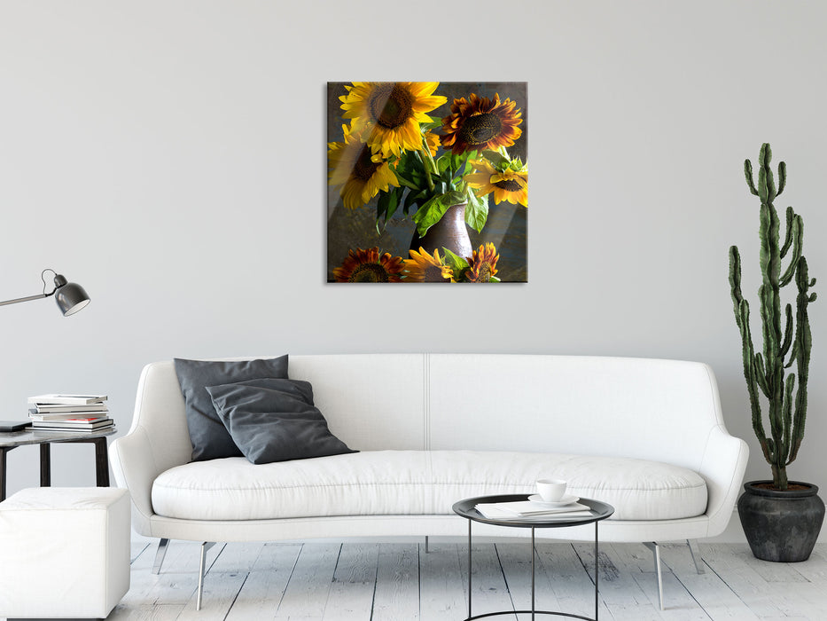 Sonnenblumen in edler Vase, Glasbild Quadratisch