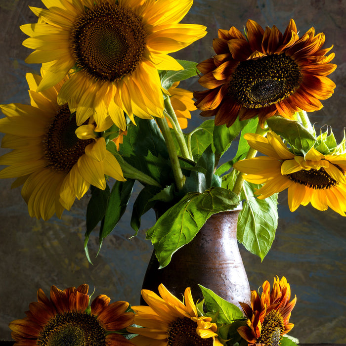 Sonnenblumen in edler Vase, Glasbild Quadratisch