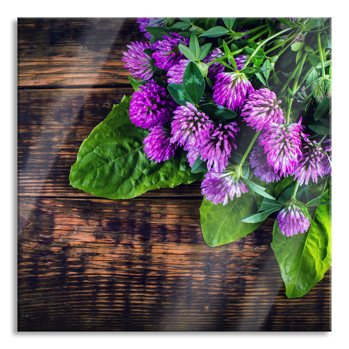 Kleeblüten auf Holz, Glasbild Quadratisch