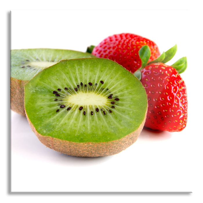 Kiwi und Erdbeeren, Glasbild Quadratisch