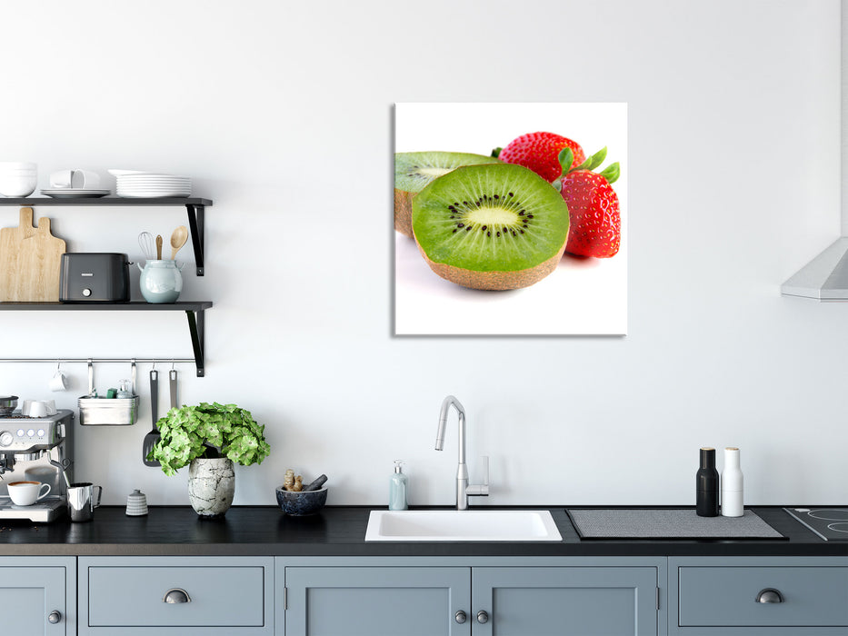 Kiwi und Erdbeeren, Glasbild Quadratisch