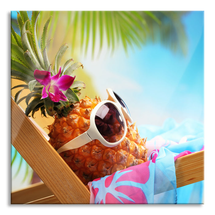 Pixxprint Ananas macht Urlaub, Glasbild Quadratisch