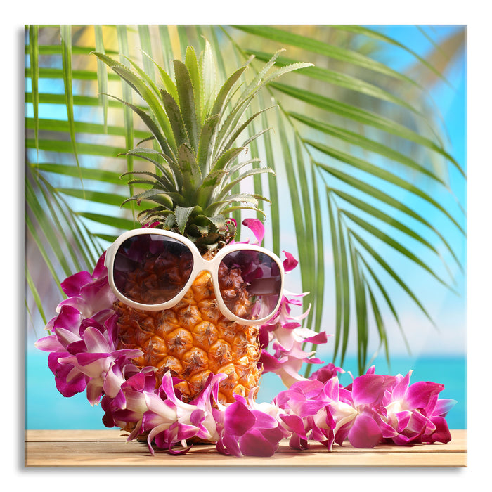 Ananas mit Sonnenbrille, Glasbild Quadratisch