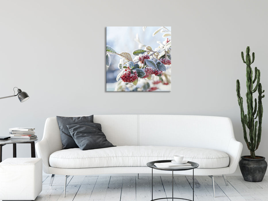 Vogelbeeren im Winter, Glasbild Quadratisch