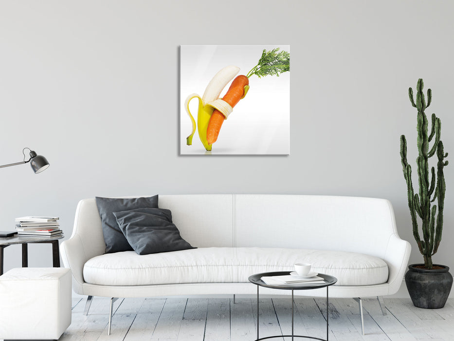 Tanz von Banane und Mohrrübe, Glasbild Quadratisch