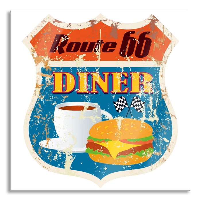 Altes Route 66 Schild Diner, Glasbild Quadratisch