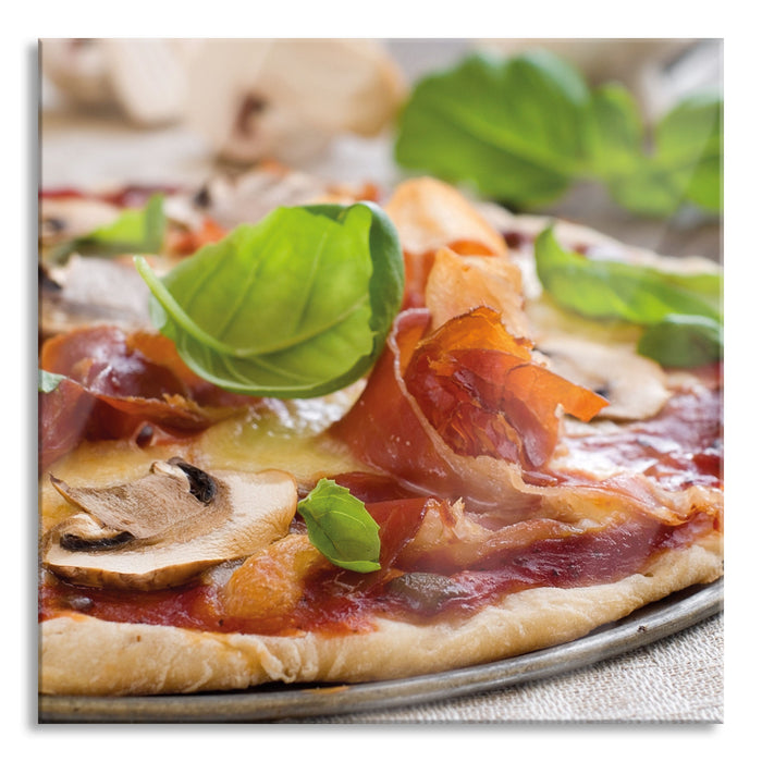 Pixxprint Pizza mit Schinken und Pilzen, Glasbild Quadratisch