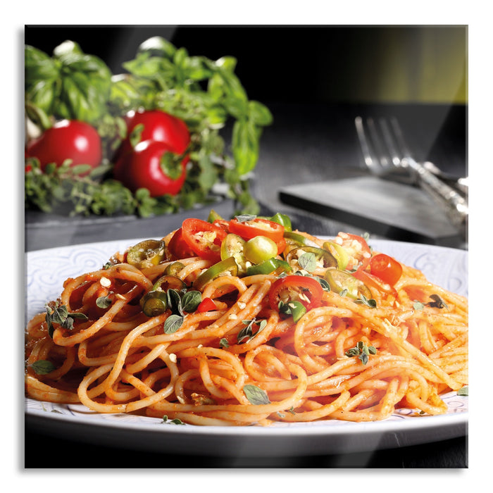 Leckere Spaghetti Italia, Glasbild Quadratisch