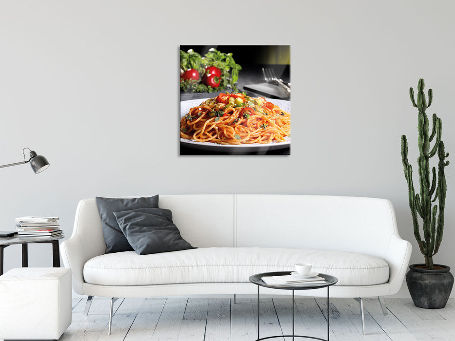 Leckere Spaghetti Italia, Glasbild Quadratisch