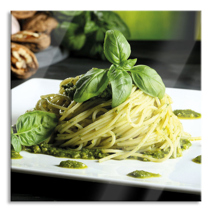 Pixxprint Spaghetti mit grünem Pesto, Glasbild Quadratisch