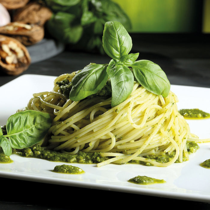 Spaghetti mit grünem Pesto, Glasbild Quadratisch