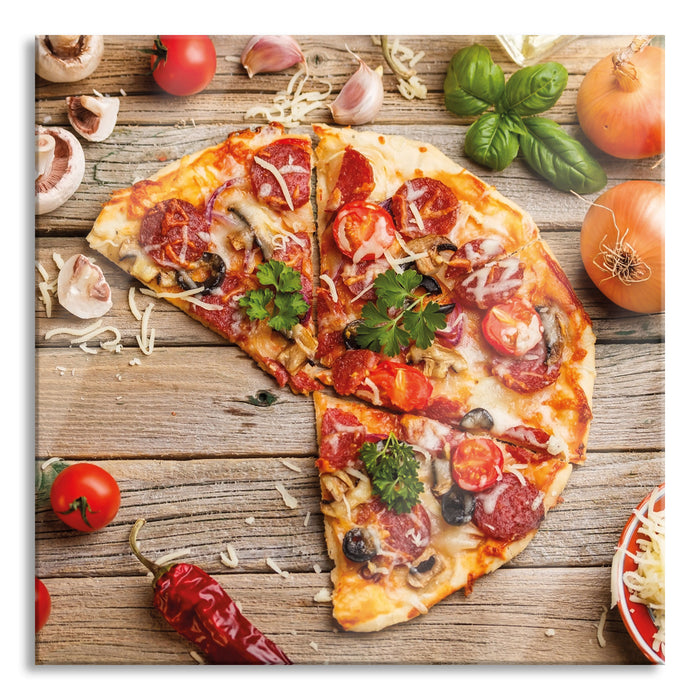 Pizza Italia auf Holztisch, Glasbild Quadratisch