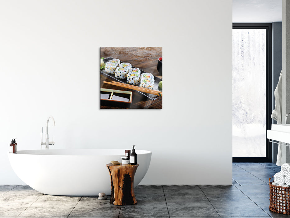 Delikate Inside Out Sushi Rollen, Glasbild Quadratisch