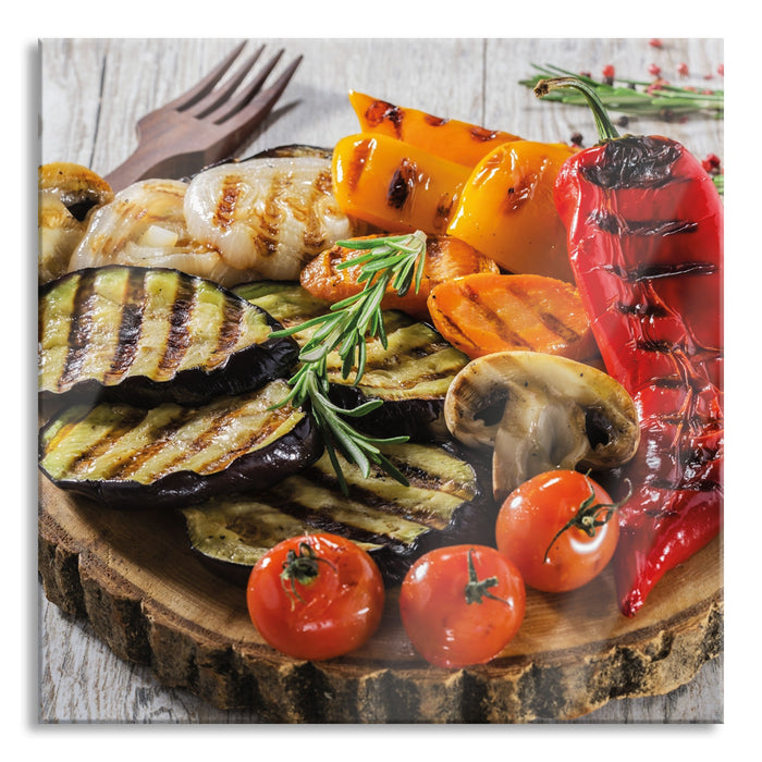 Pixxprint Grillplatte auf Baumstammteller, Glasbild Quadratisch