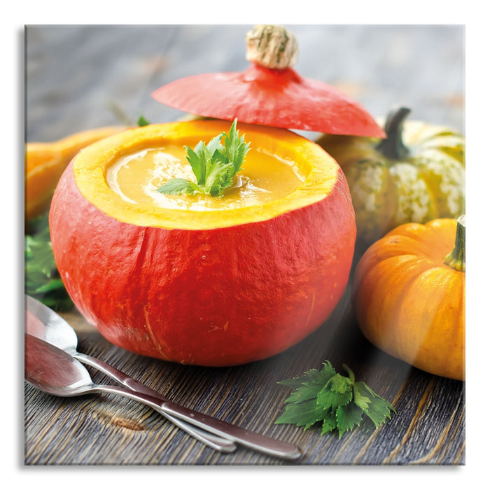 Pixxprint Leckere Kürbissuppe, Glasbild Quadratisch