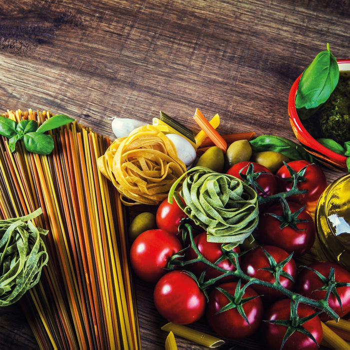 Pasta Italia mit Tomaten, Glasbild Quadratisch