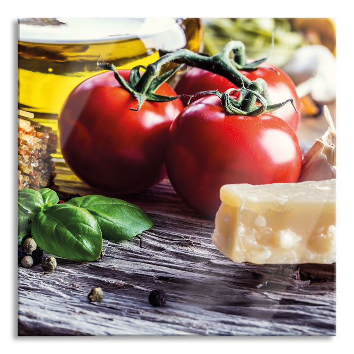 Spaghetti Tomaten Parmesan, Glasbild Quadratisch