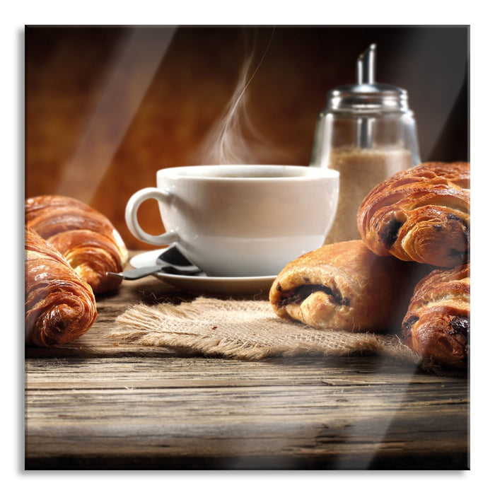 Pixxprint Croissant zum Kaffee, Glasbild Quadratisch