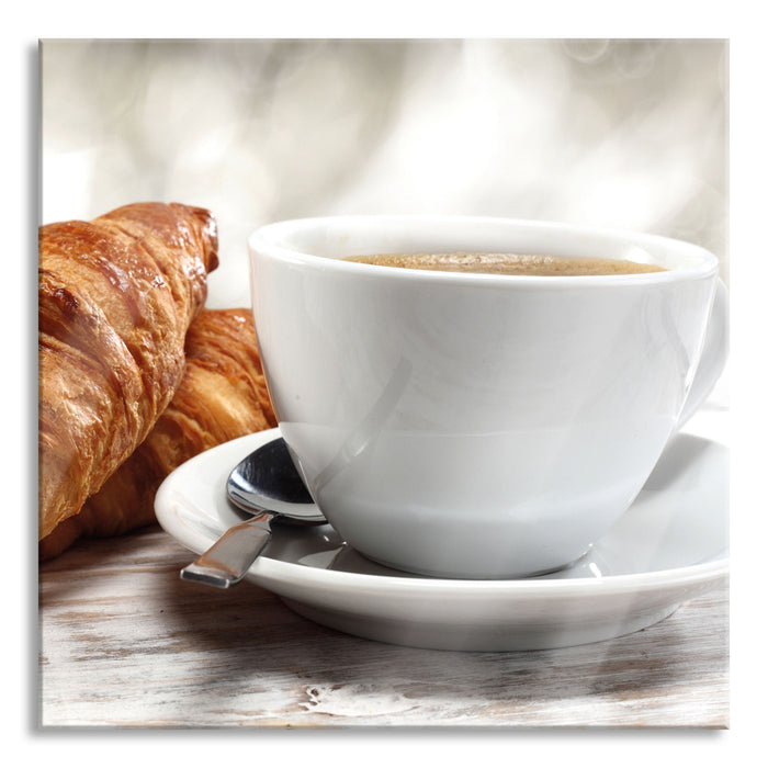 Pixxprint Frisches Croissant und Kaffee, Glasbild Quadratisch