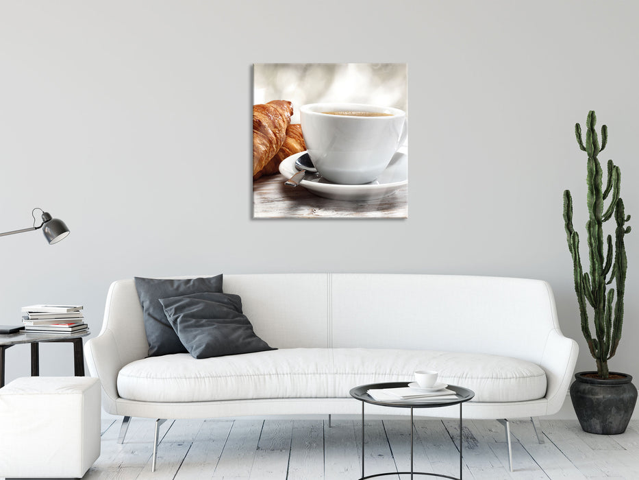 Frisches Croissant und Kaffee, Glasbild Quadratisch