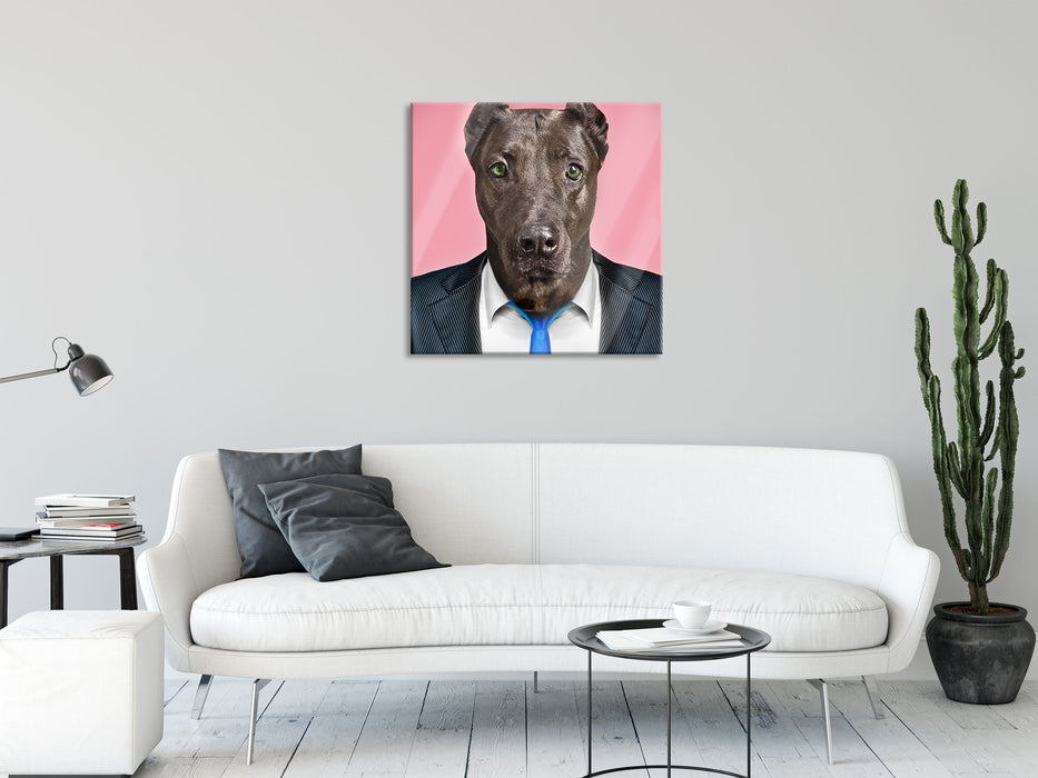 Manager Hund mit Anzug, Glasbild Quadratisch