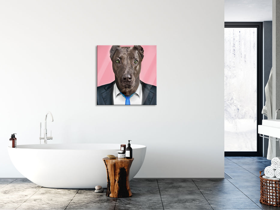 Manager Hund mit Anzug, Glasbild Quadratisch