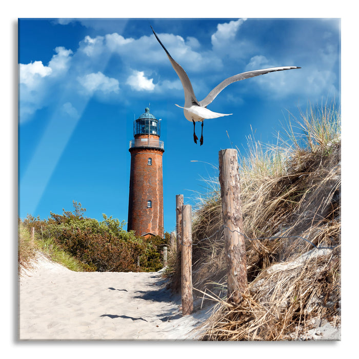 Schöner Leuchtturm am Strand, Glasbild Quadratisch