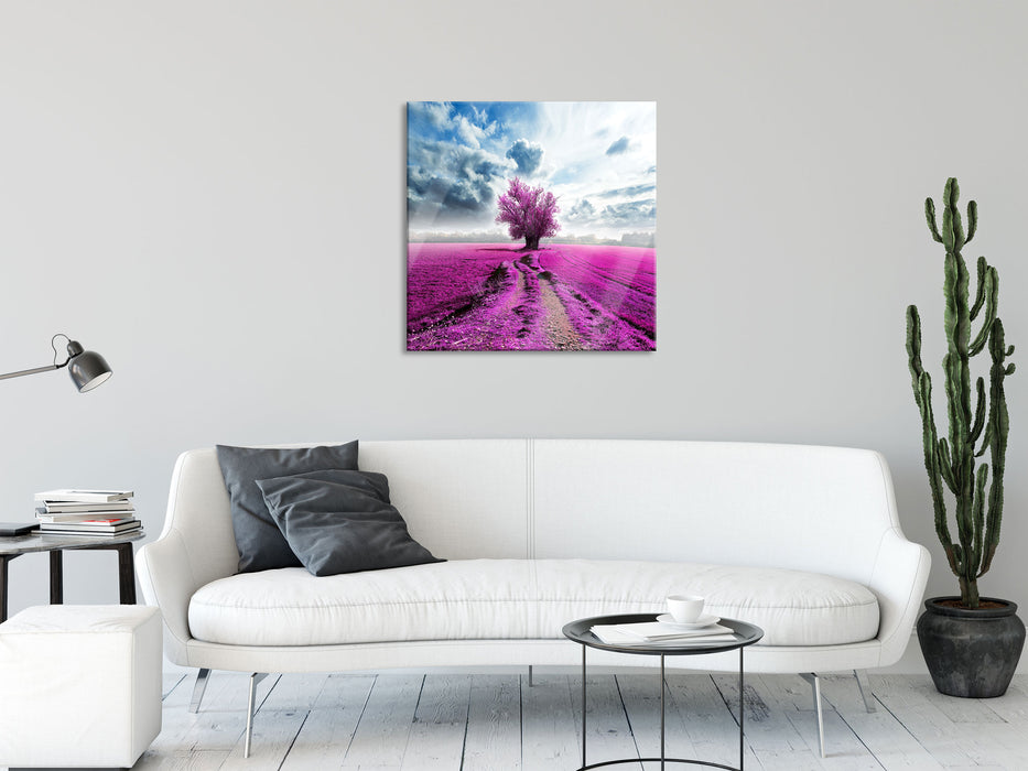 Pinkes Feld mit pinkem Baum, Glasbild Quadratisch