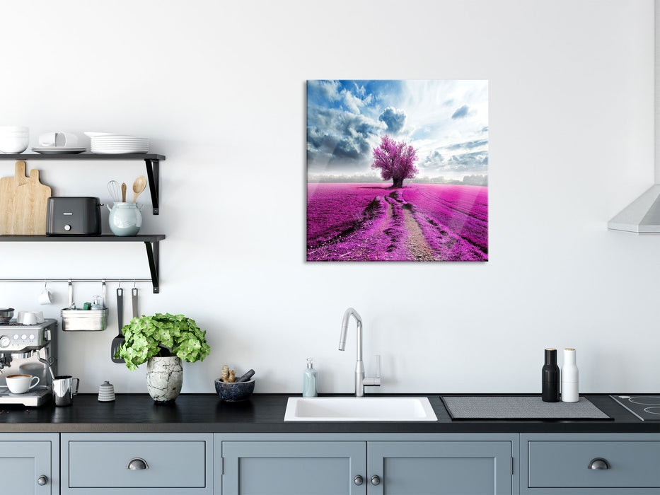 Pinkes Feld mit pinkem Baum, Glasbild Quadratisch