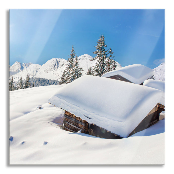 Pixxprint Berghütten in den Alpen, Glasbild Quadratisch