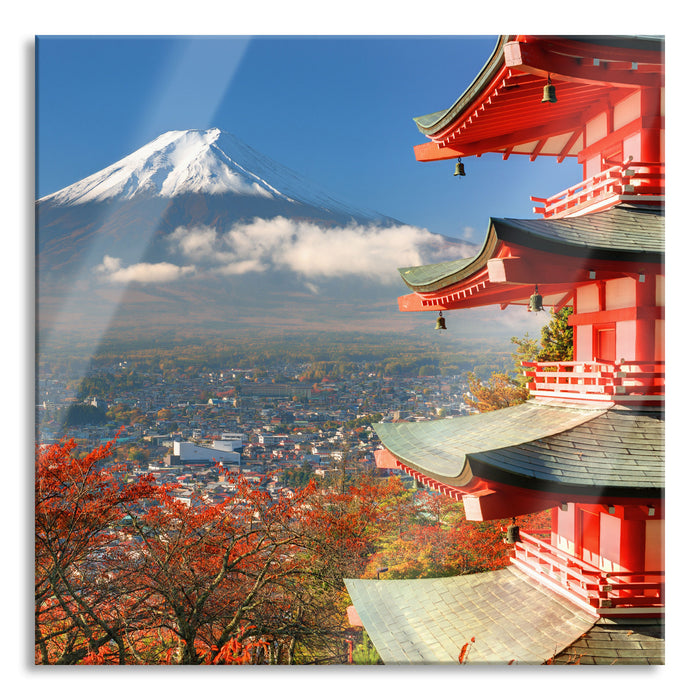 Tempel am Fudschijama Japan, Glasbild Quadratisch